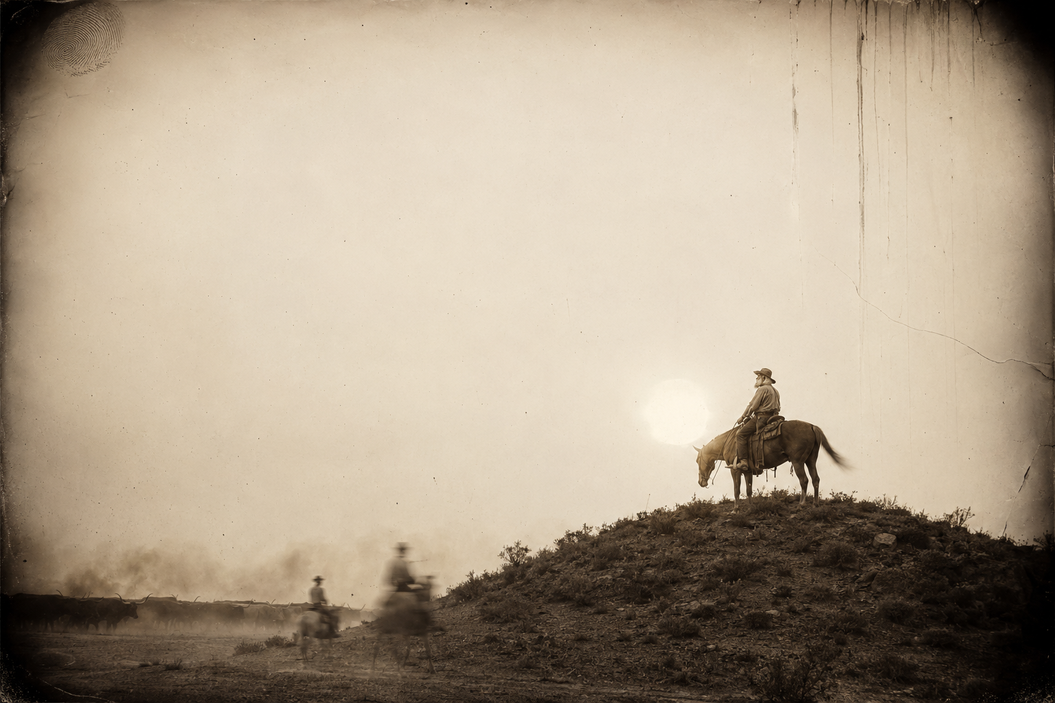 Call spurs off the hill to meet Deets and the bed ground, and only then finds that Augustus has not followed — still sitting old Malaria up there, watching the sunset and the cattle.