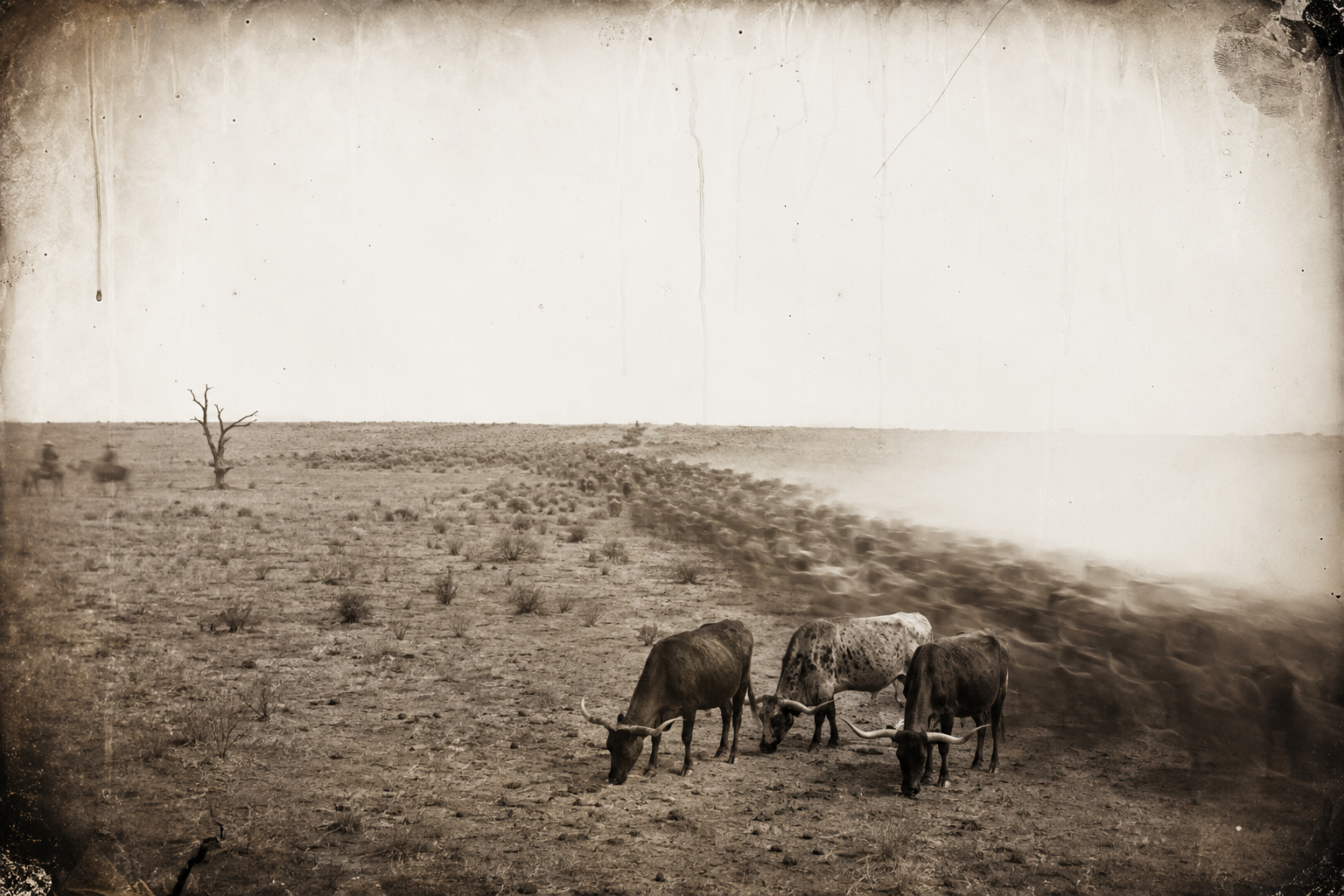 The cattle move off wild as antelope and within minutes the herd is strung out for more than a mile, the point riders disappearing into the low brush.
