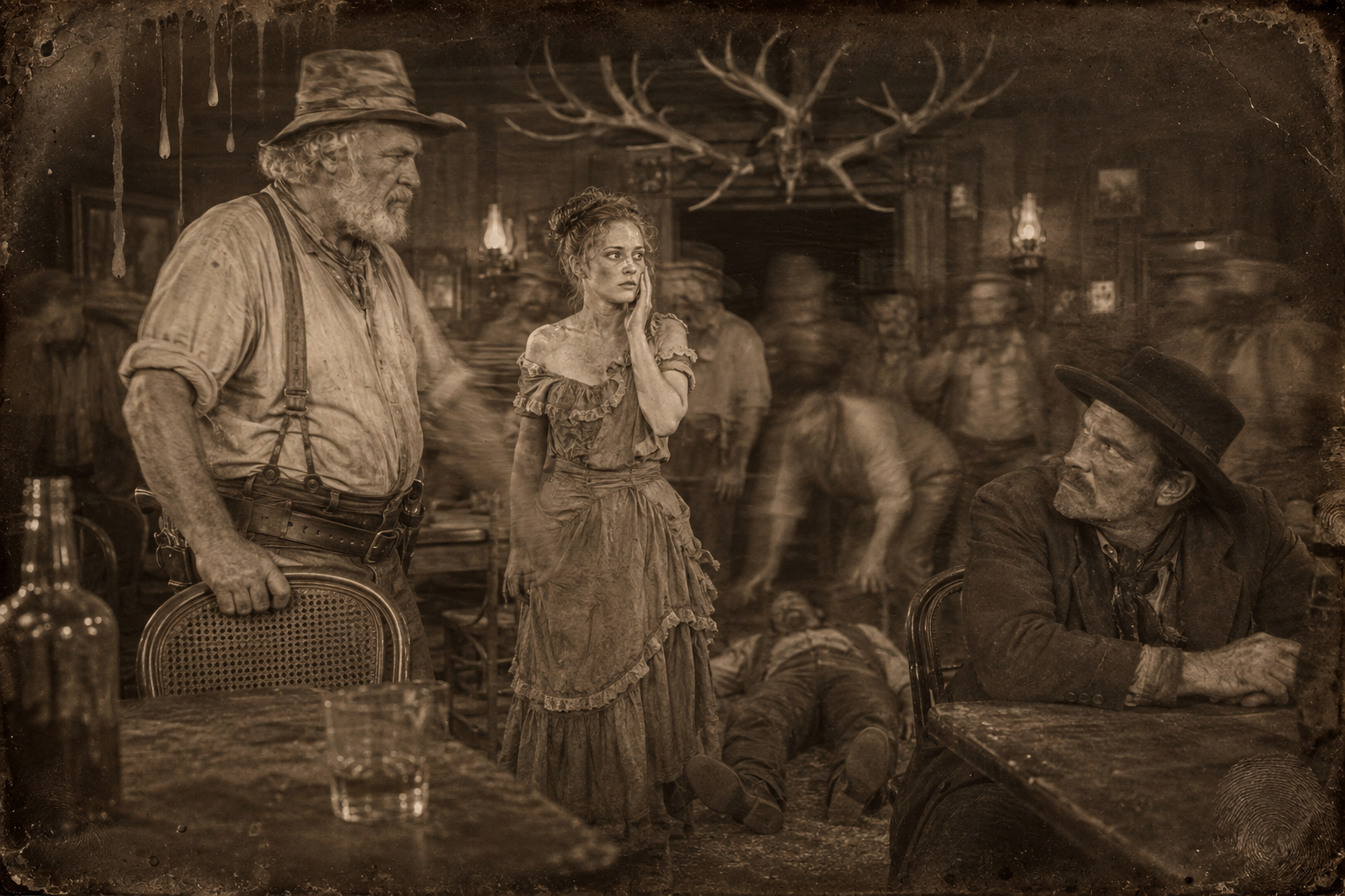 In the saloon under the elk horns Shaw cuffs Nellie, and Augustus stands up and pulls out a chair for her.