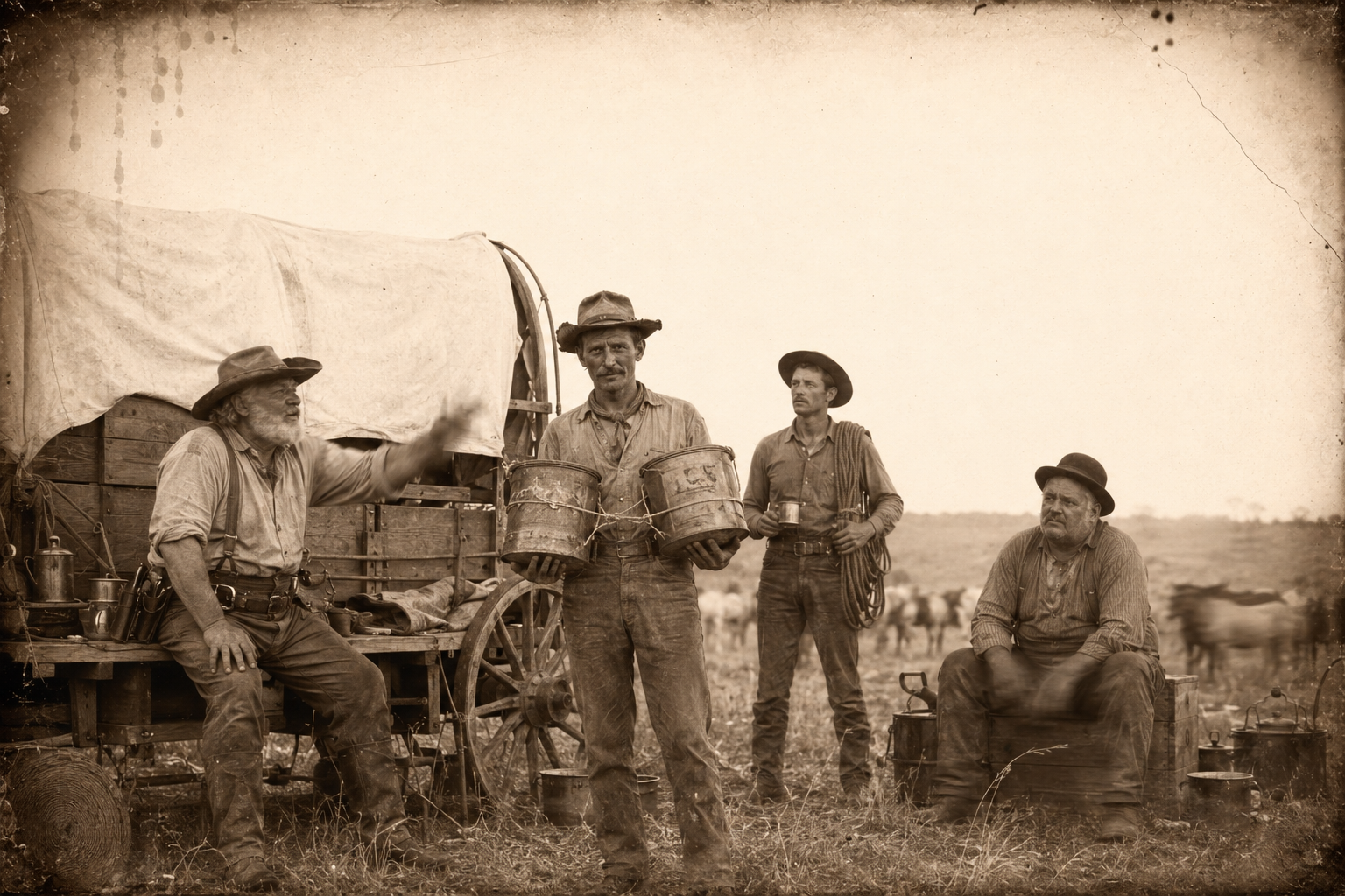 The outfit argues about the Yellowstone at the wagon, and Jasper Fant shows off the rude floats he has made from empty lard buckets.