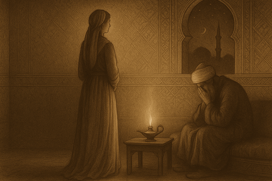 Shahrazad standing calmly before her despairing father the vizier in the candle-lit chamber of his Baghdad house.