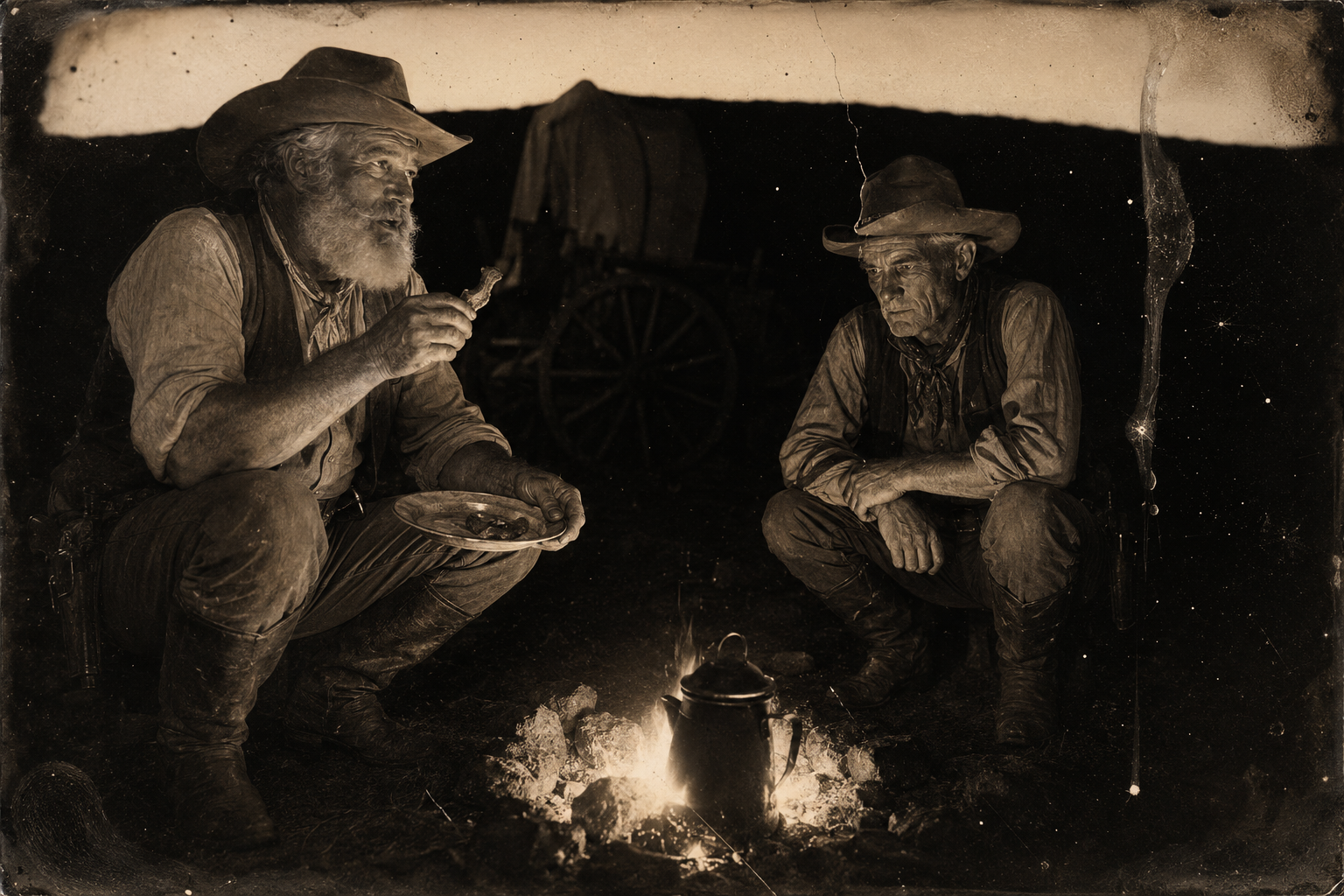Call and Augustus eat their bacon by the fire in the faint morning light of departure day, arguing about biscuits and the well.