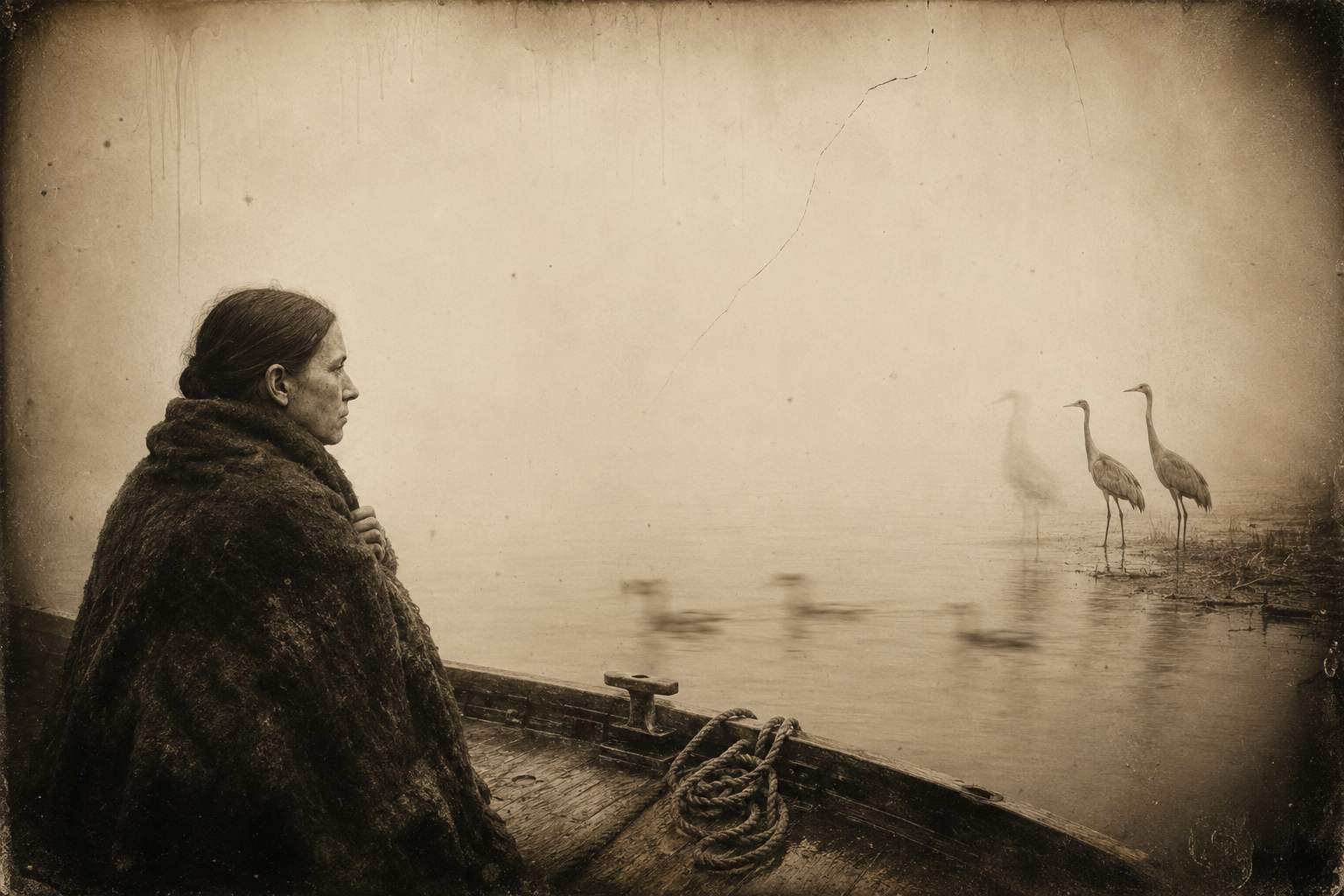 Morning mist on the river, the grey cranes standing solemnly in the shallows while Elmira watches from the stern in her buffalo robe.