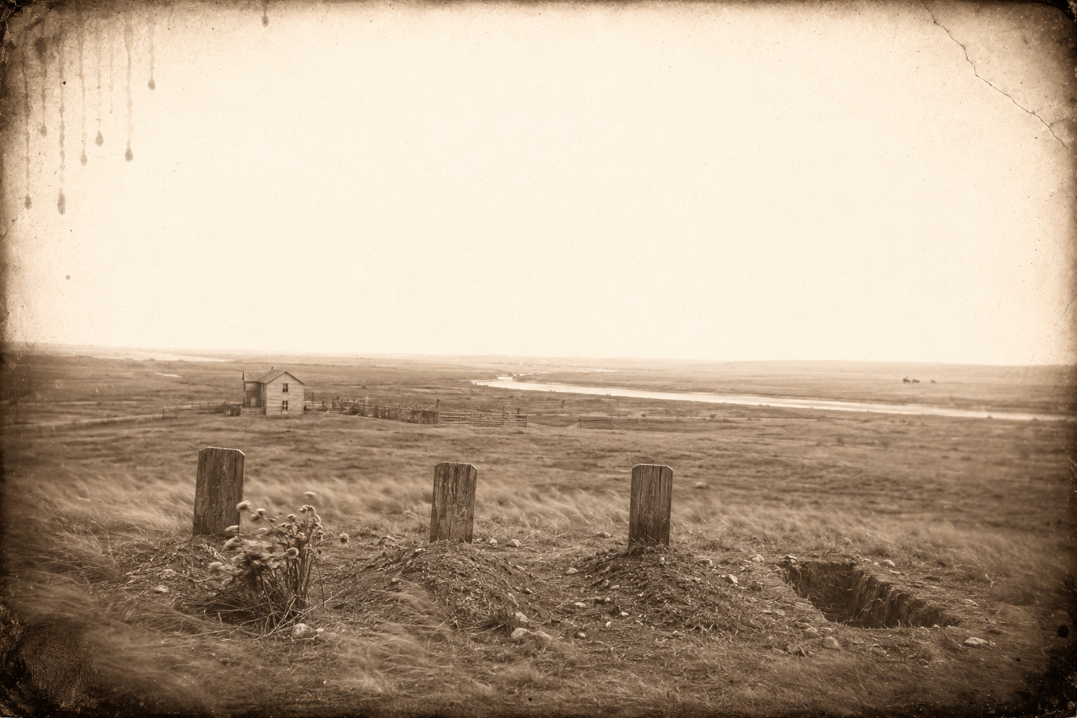 The knoll east of the house where Jim, Jeff and Johnny are buried, with the strangers' wagon still only a speck creeping along the Platte from the west.