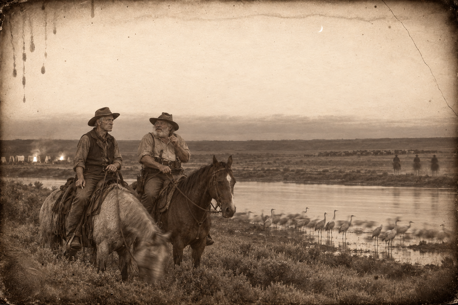 Riding out from camp at dusk, Call and Gus stop for a smoke while the cranes settle on the river and the night guard goes out to the herd, and Gus tells him to sell the cattle and go hunt Blue Duck.
