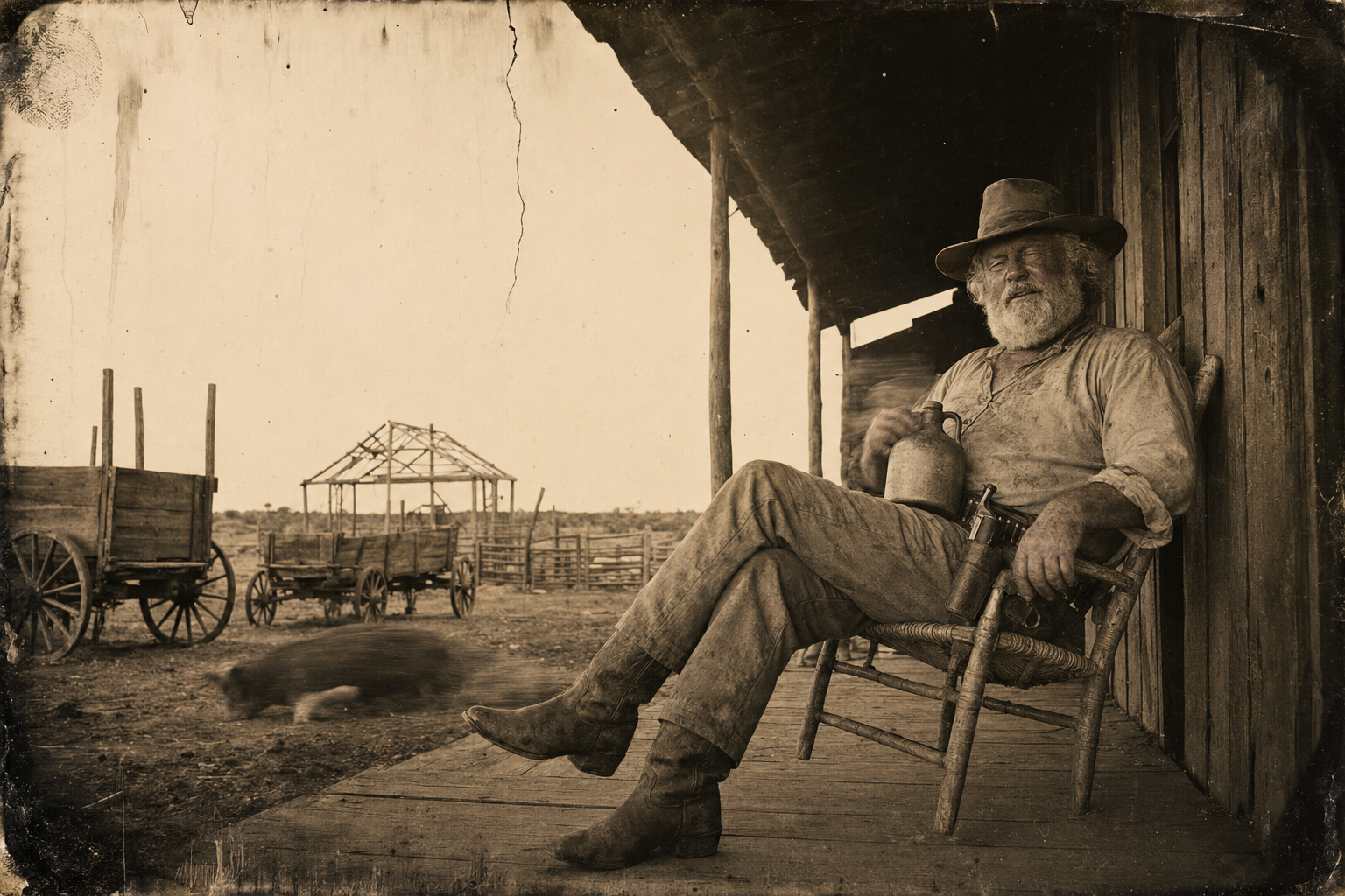 Augustus sits tilted back in his rope-bottomed chair on the porch, working at the jug and watching the sun ease out of the day.