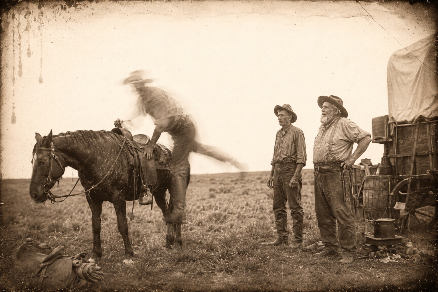 Pea Eye lopes in and unfolds himself off his horse to report that Newt is alive, only thrown.