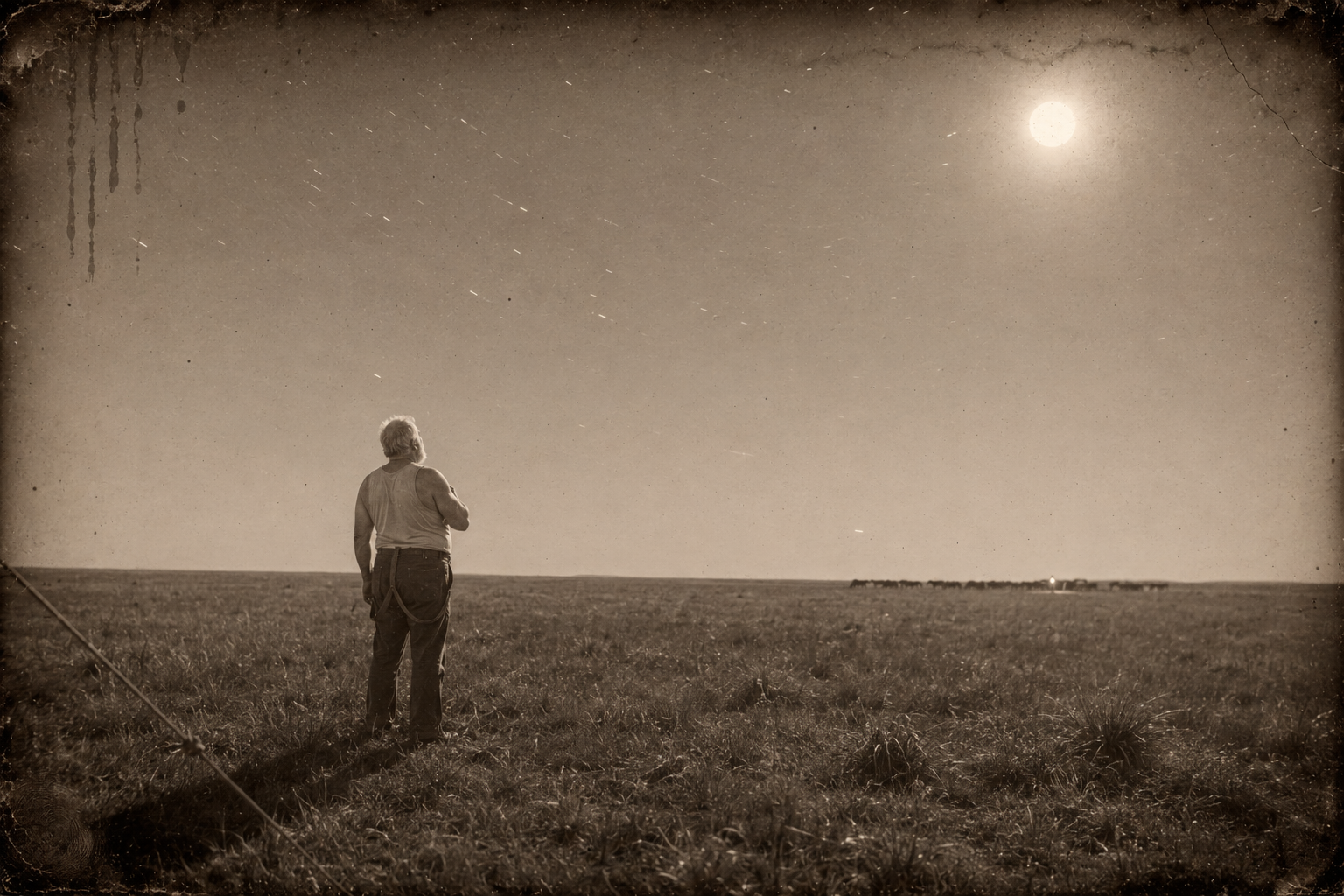 Gus stands outside in the moonlight, cooling off and looking at the moon, on a plain of grass so huge the herd and themselves are a dot in it.