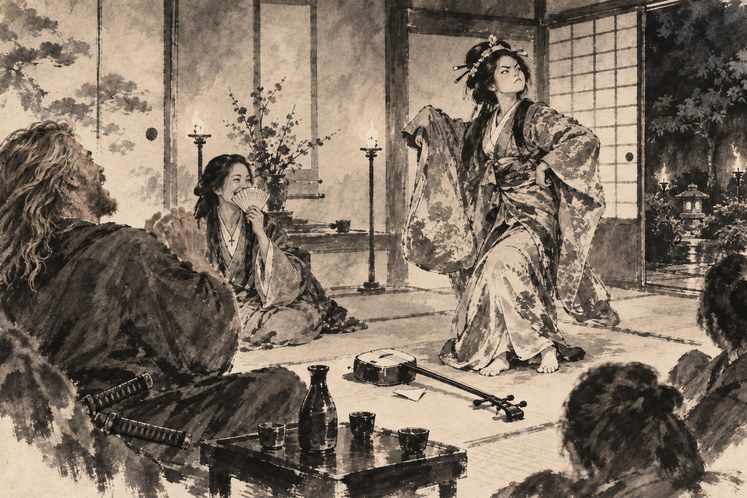 Kiku abandons the samisen for mimes