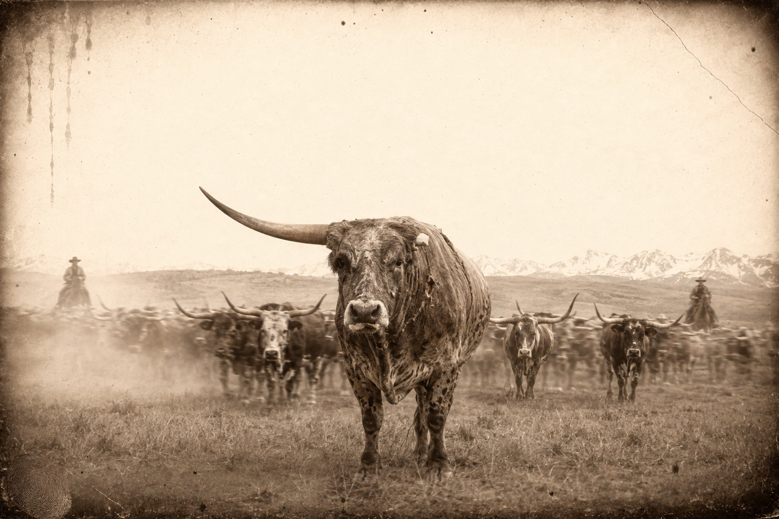 A week after the fight the bull is back at the head of the herd one morning, one-eyed and one-horned and ornerier than ever, and the hands give him a wide berth.