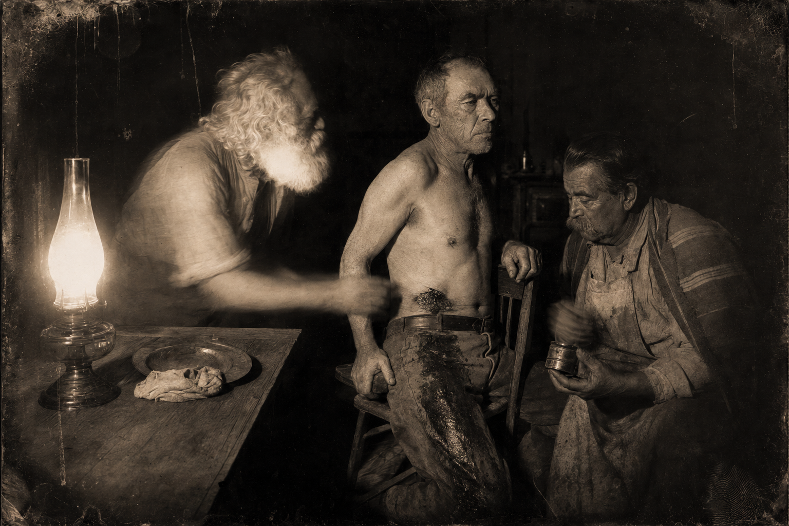 Inside by lamplight, Call sits with his shirt off while Bolivar waits to pack the mare bite with axle grease and turpentine and Augustus bends in to inspect the wound.