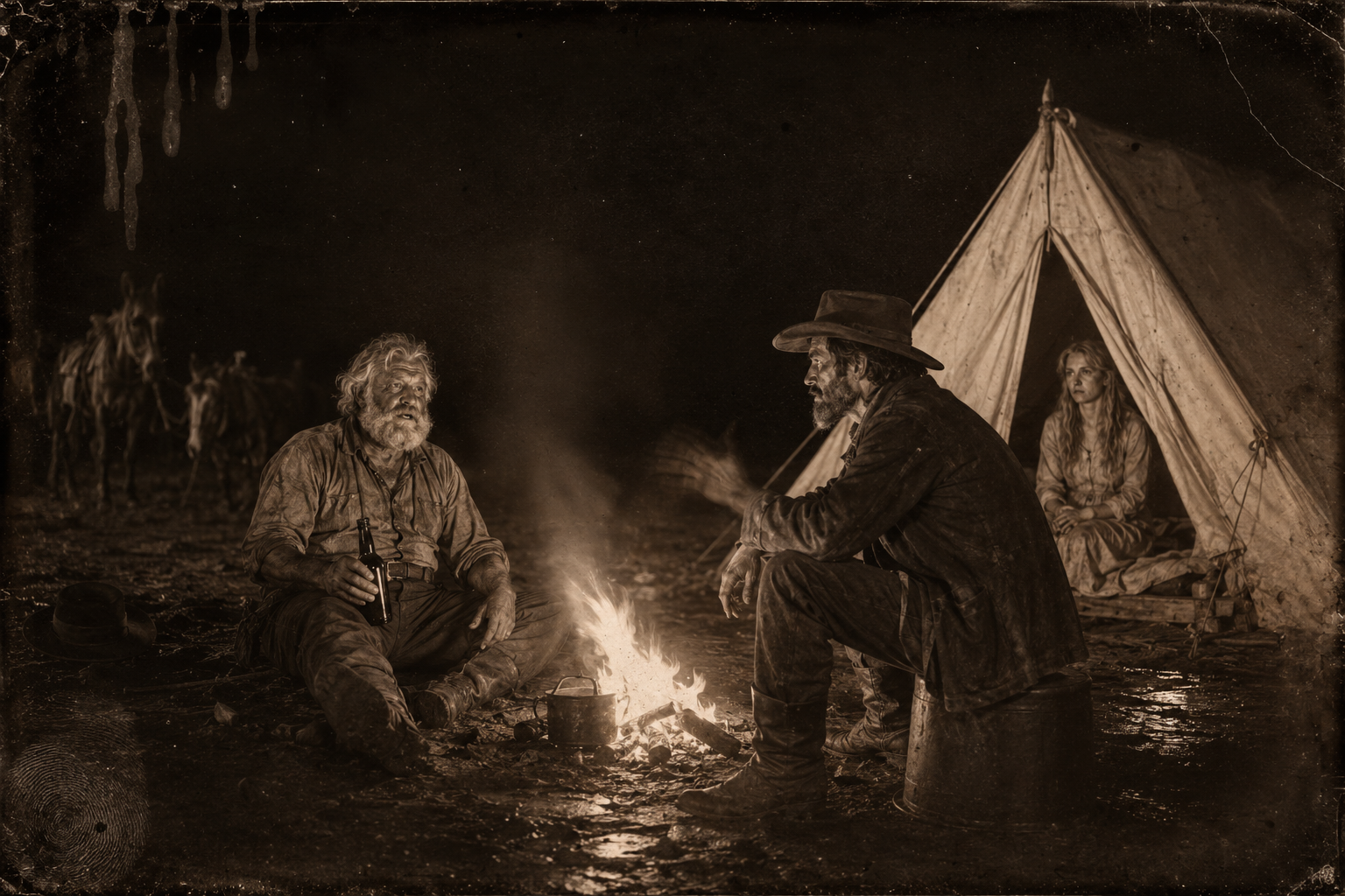 At the camp on the open plain, Wilbarger's borrowed tent is up and Lorena watches from inside it while the two men sit outside with the bottle, Augustus telling him that Blue Duck killed July Johnson's whole crew.