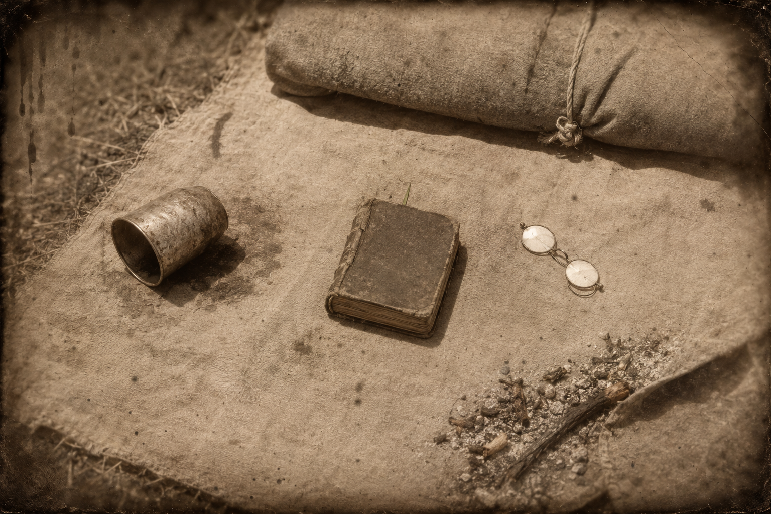 The book set down on the tarp with a grass blade marking the place, waiting to be tucked into the bedroll — the peace of the morning already over.