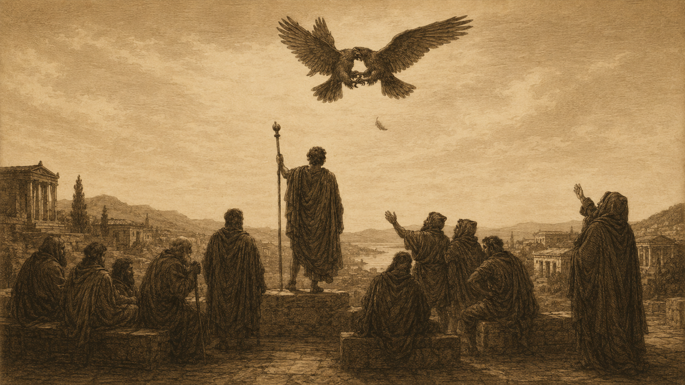 Pen-and-ink: Telemachus Calls Assembly; Sails for Pylos