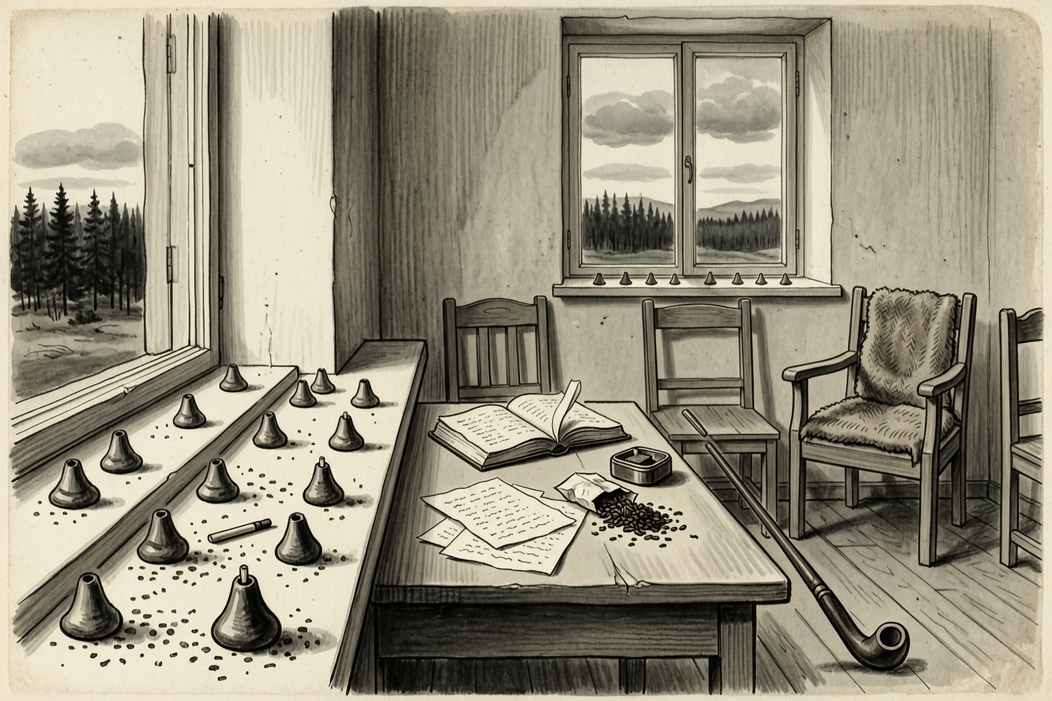 The study, and the ash in rows