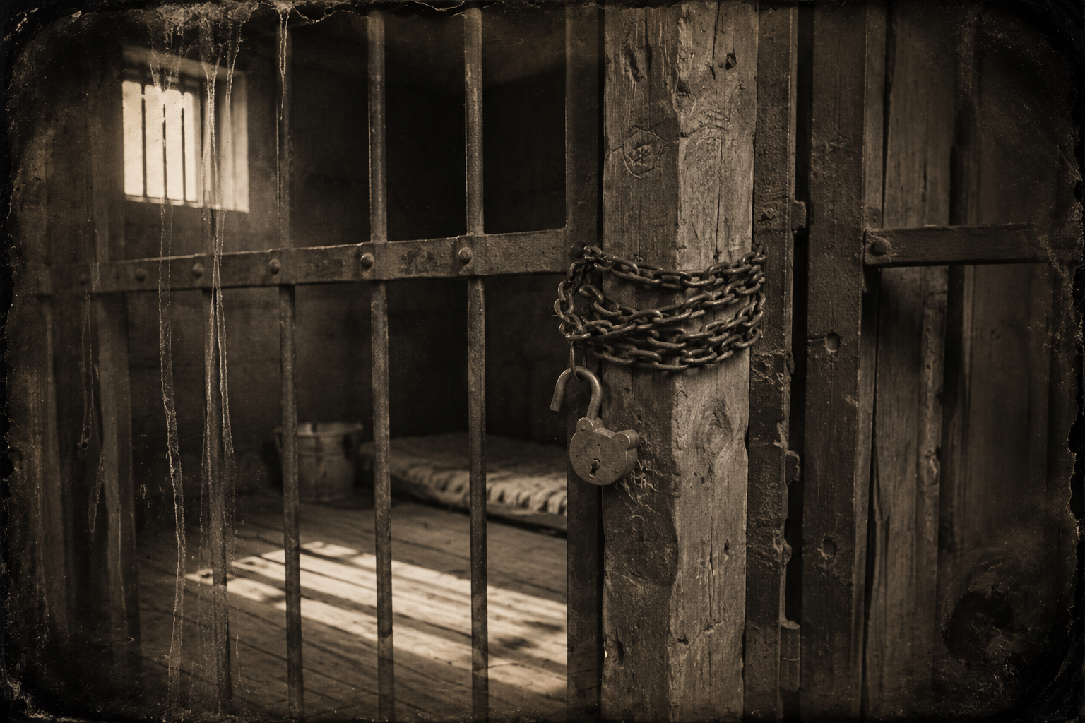 The jail itself — one cell, a lock that doesn't work, and the chain they have to wrap around the bars instead.