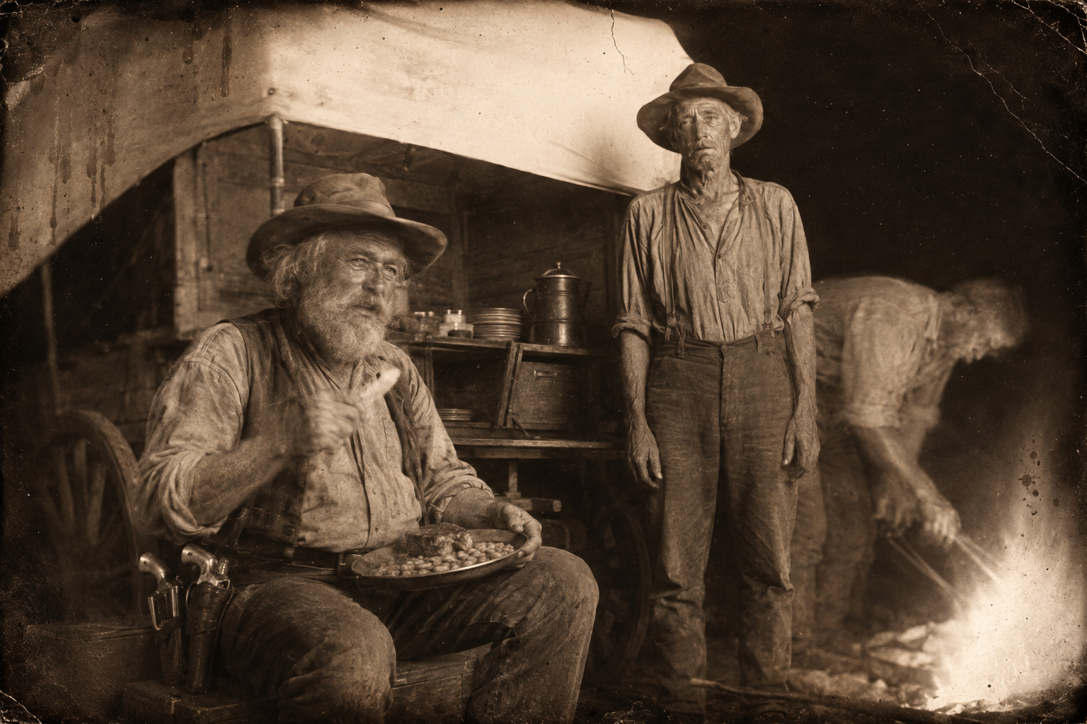 At the cook wagon Augustus works through a beefsteak and a plate of beans while Pea Eye, listening to talk of Blue Duck, feels his appetite go.