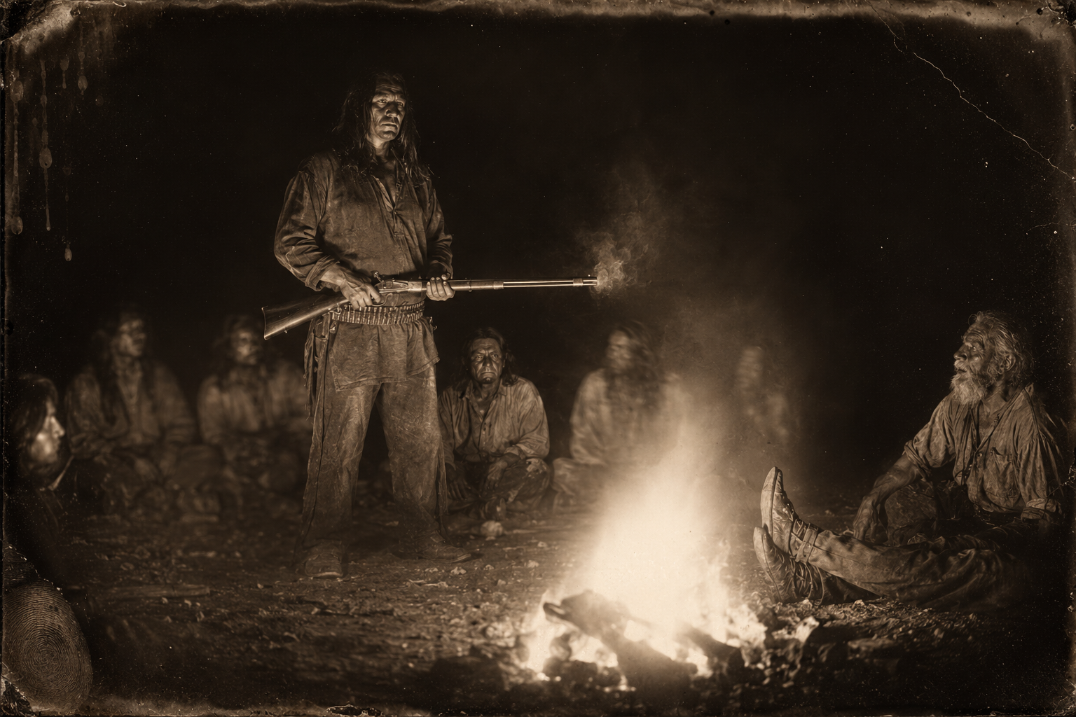 The young Kiowa who would not bet his share of her is shot dead in the dark, and Blue Duck steps back into the firelight with the rifle and sits down to rattle the dice again.