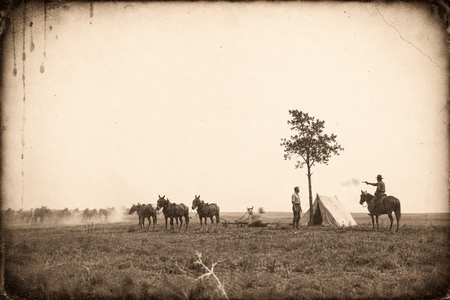 Two hours north, Dan Suggs lopes over to a tent staked under a single tree and shoots the two ploughing settlers at point-blank range while Jake watches from the horse herd.