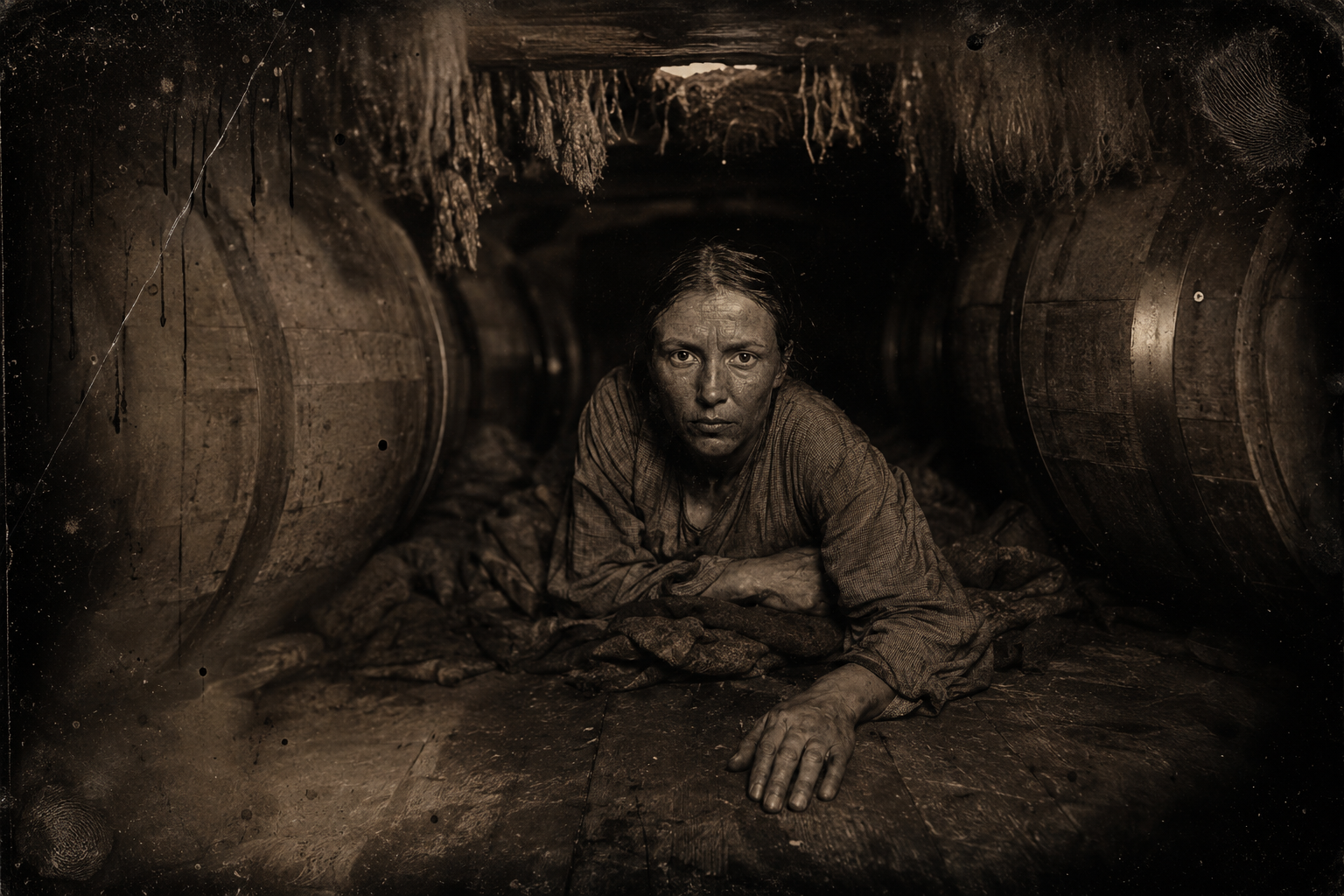Elmira's cubbyhole among the whiskey casks, awake in the dark with the fleas and the rocking of the boat.