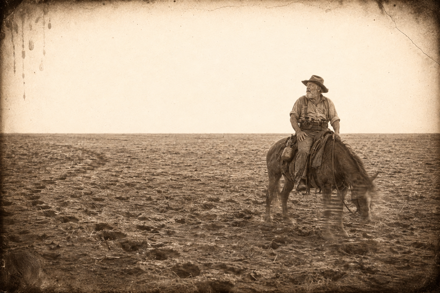 The first morning of the pursuit, Augustus rides wide circles over ground churned to nothing by the stampede, finding only Hat Creek horse tracks.