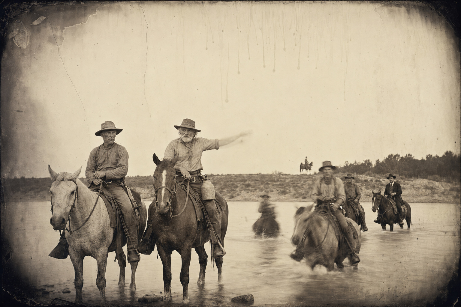 As the day dies and the afterglow stretches up the empty sky, the Hat Creek outfit, seven strong, crosses the river and rides southeast toward the Hacienda Flores.