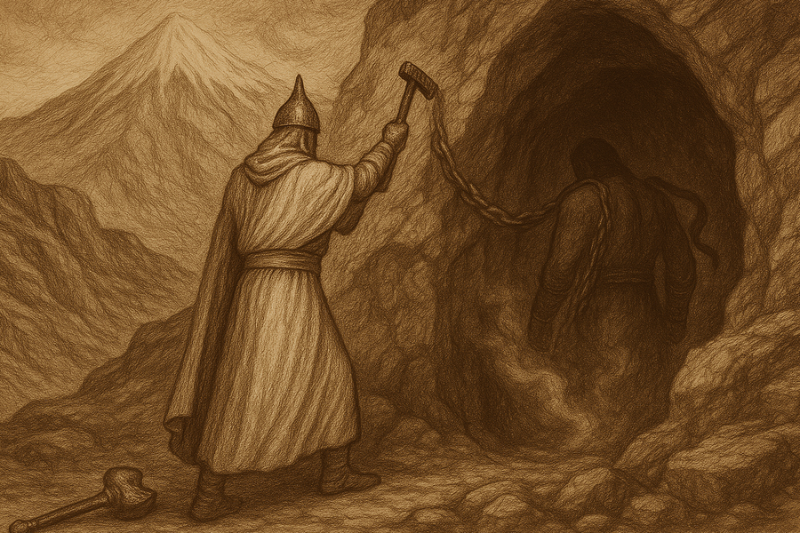 Faridun the just king chaining the serpent-tyrant Zahhak beneath Mount Damavand.