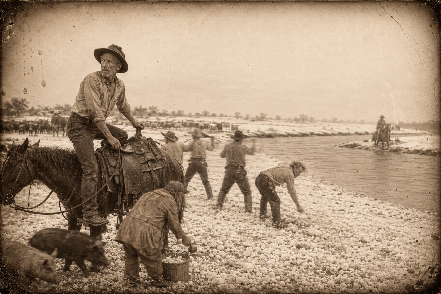 The plains lie white with hailstones and the men are throwing them in the river when Pea Eye, one foot in the stirrup, freezes — there is a horseman coming across the river, and it is Gus.