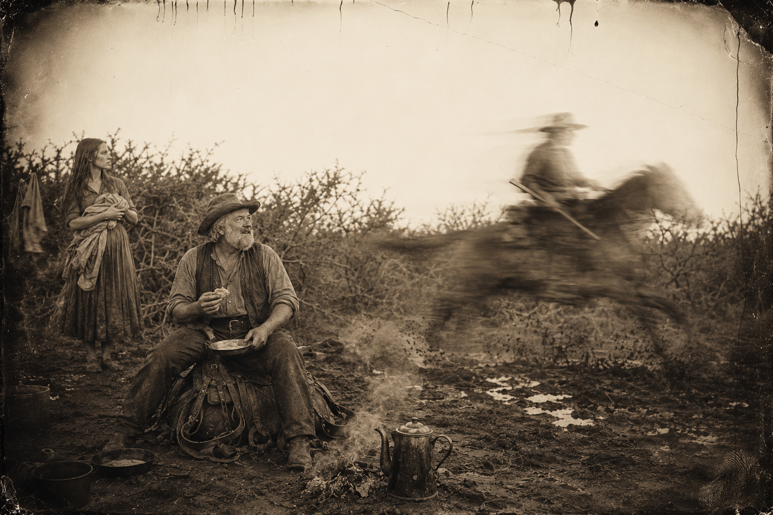 Jake comes galloping into camp with his rifle in hand and finds Gus finishing the bacon, while Lorena goes bush to bush gathering the clothes the hot sun has already dried.