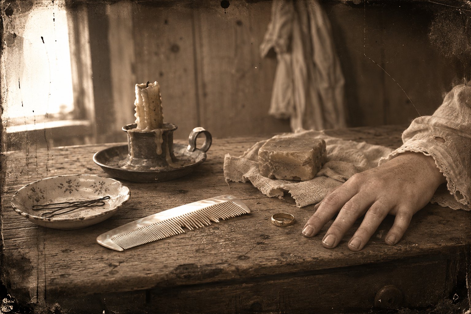 Jake gone off after horses, Lorena counts over the few things she can take — the mother-of-pearl comb Tinkersley bought her, her mother's thin gold ring.