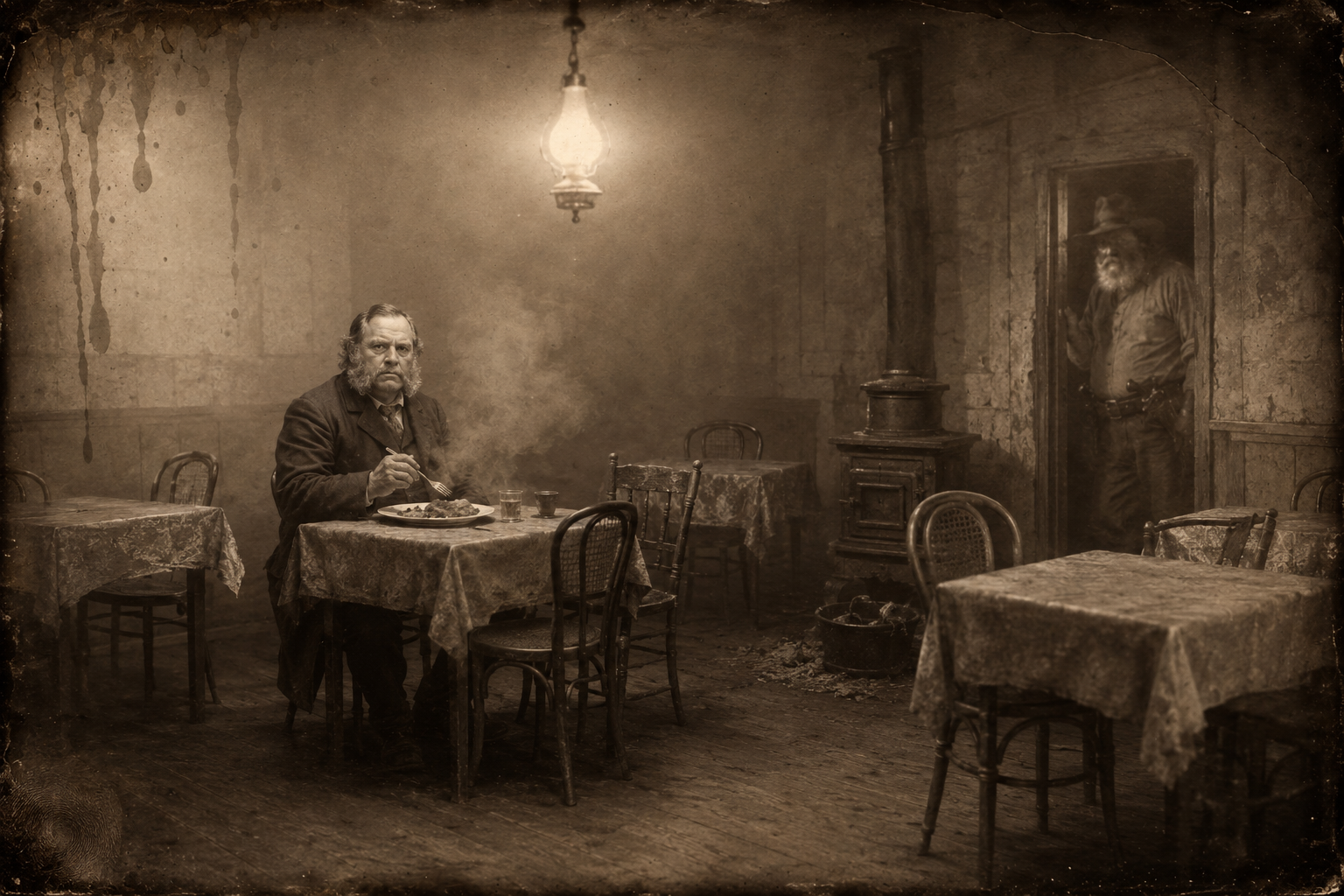The hotel restaurant turns out to be a smoky little room with no charm and one diner, a somber man with mutton-chop whiskers.