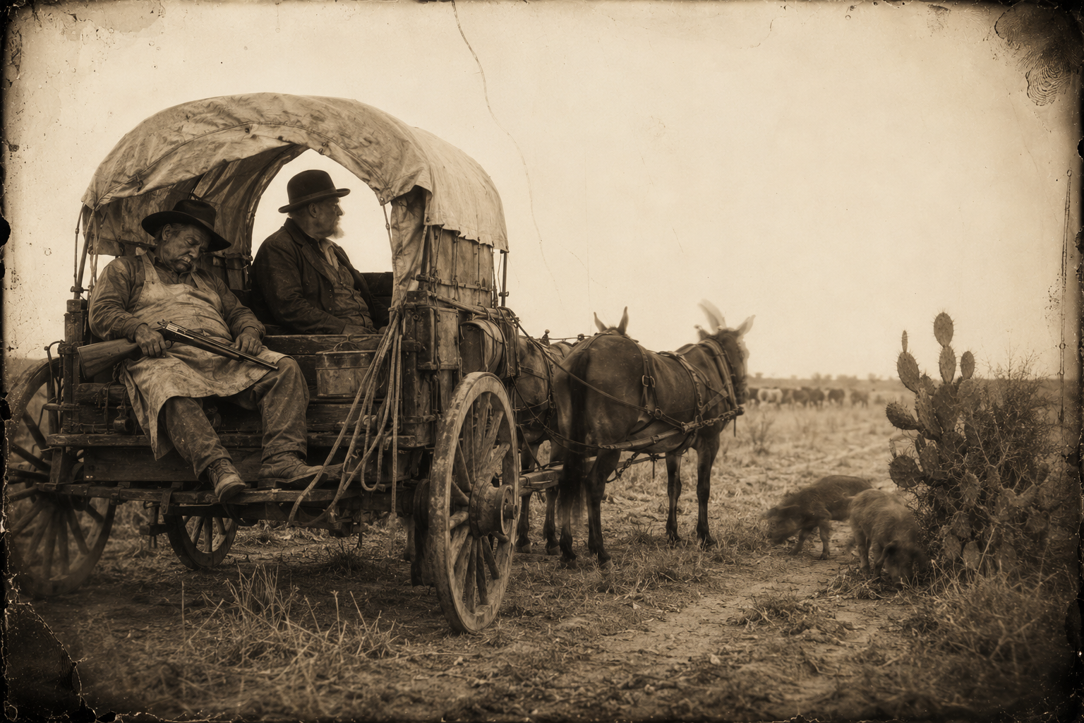 Bolivar dozing on the wagon seat with the ten-gauge across his knees, dreaming of his daughters, the blue pigs rooting a rat's nest under a cactus.