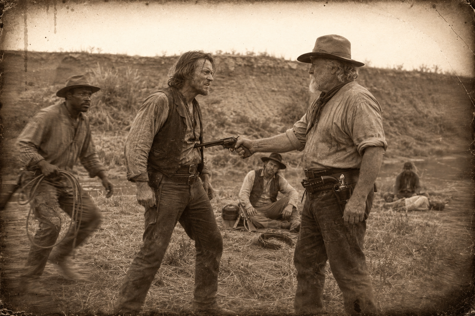 Augustus jams the big dragoon Colt into Dan Suggs's stomach while Deets comes forward with the rawhide strings — "You can keep your socks, if you're that refined."