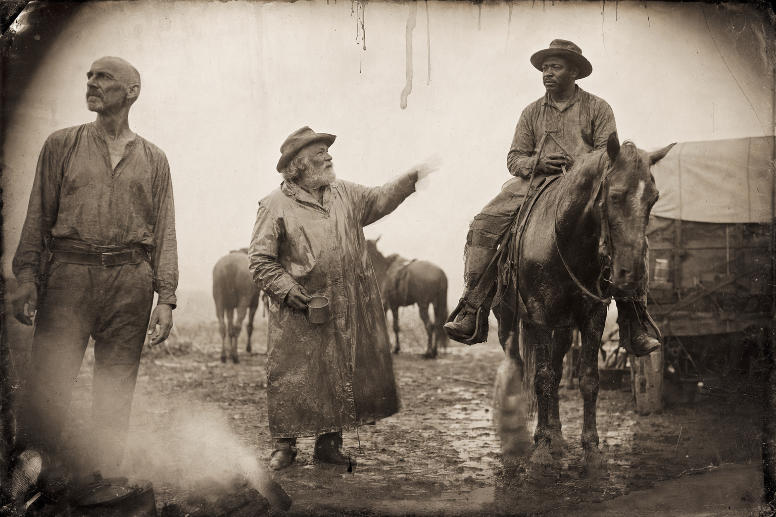 A grey wet morning after breakfast — Deets comes back with word of a shallow crossing, Augustus asks about the snake population, and Pea Eye says he is more worried about Indians.