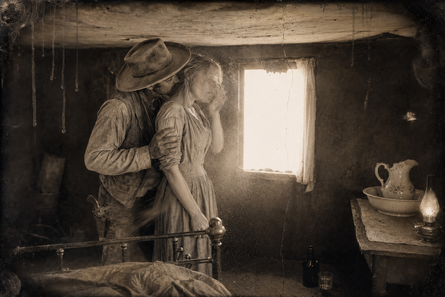 In the hot upstairs room Jake tries to kiss her with his dusty hat still on; the dust gets in her nose and makes her sneeze.