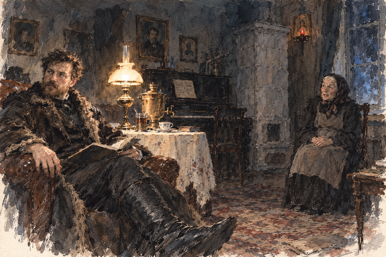 Tea, Tyndall, and Agatha Mikhaylovna at the window