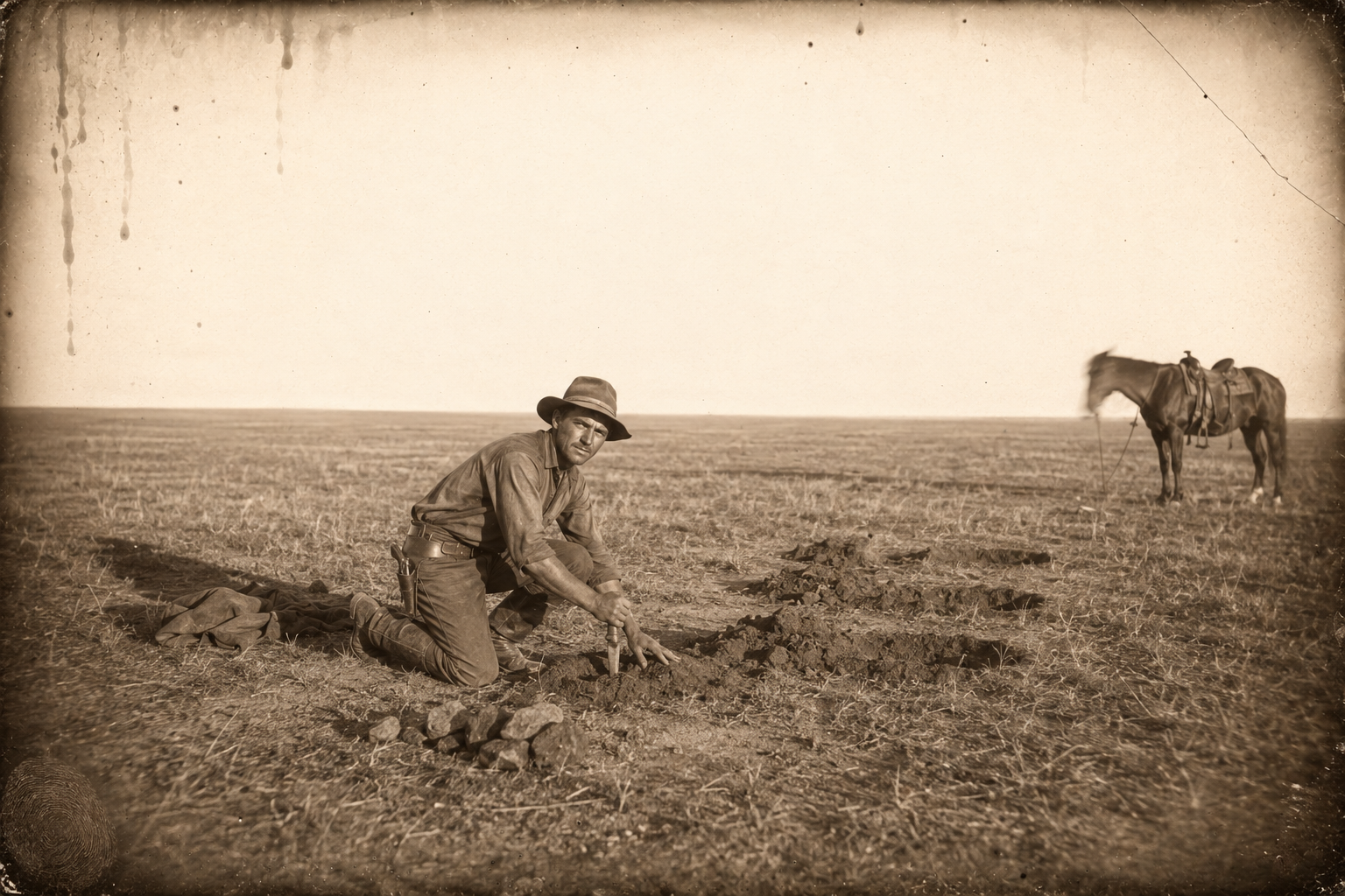 Sunup on the open plain above the canyon — July still digging graves with his knife, throwing the loose dirt out with his hands, the holes pitifully shallow.