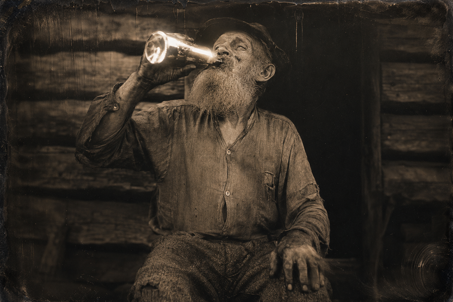 Sam takes the offered bottle, sits on the stump and drinks nearly all of it without a word of thanks.