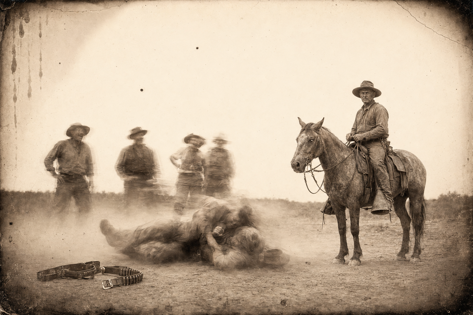 Dish and Bert, gun belts off, grapple on the ground over what Bert said about Lorena while the outfit laughs.