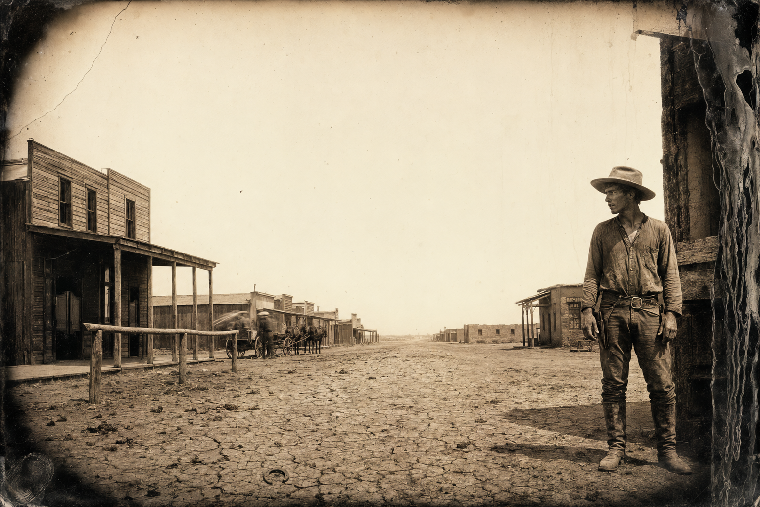 Dish comes round to the front ready to commit murder and finds no swaybacked grulla at the rail — no horses at all, the street empty but for the Pumphrey boys loading barbed wire.