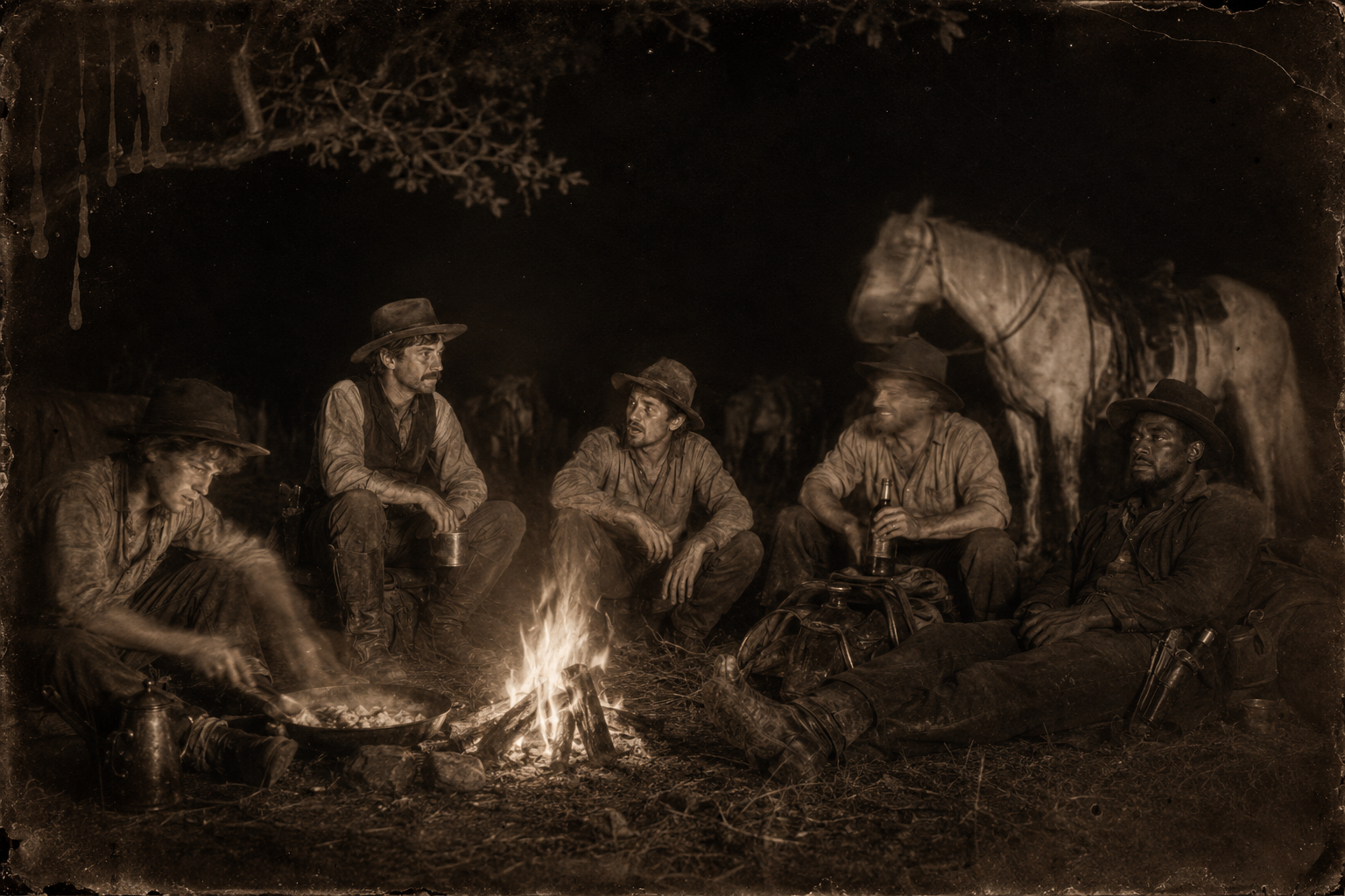 The first night's camp thirty miles north of Dallas, where Jake hears the Suggs brothers talk of hangings and killings and understands what he has ridden into.