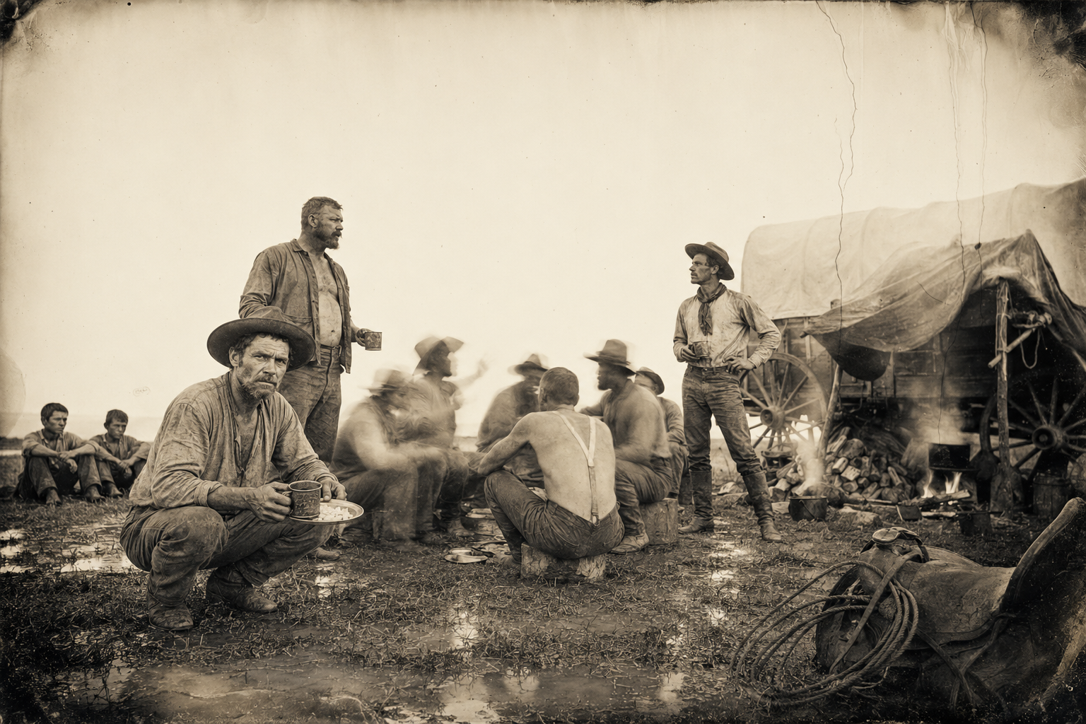 Breakfast around the wagon, and the argument over how many rivers lie between here and the Yellowstone — while the Rainey boys sleep on under the wagon and the Spettles sit apart, as silent as always.
