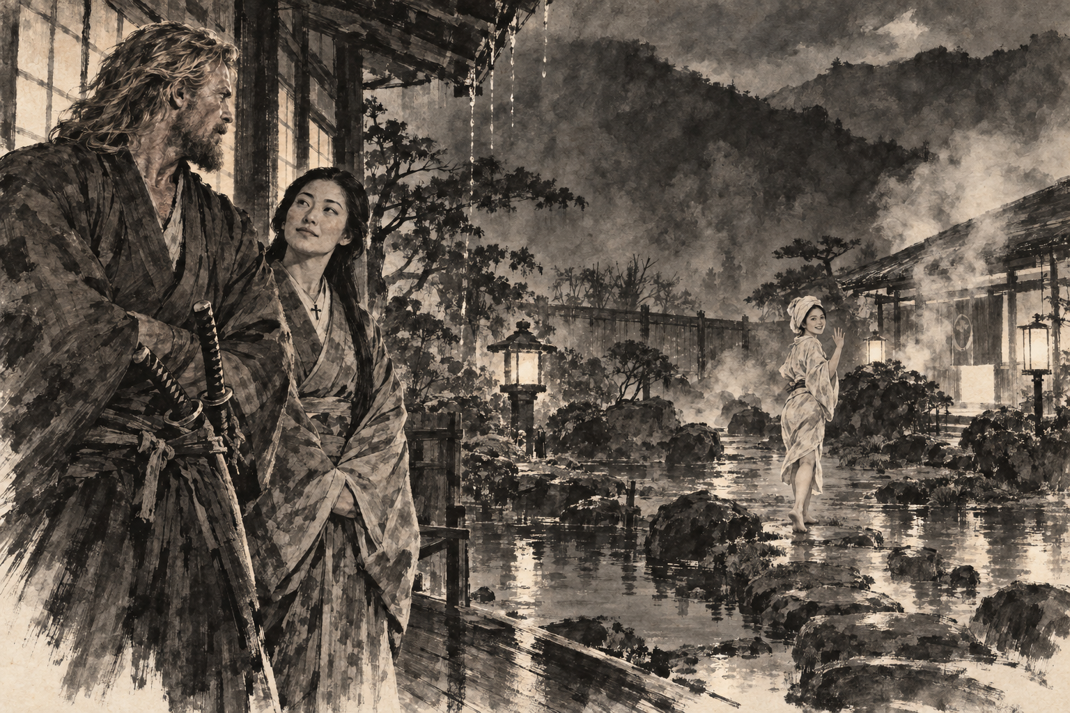 Kiku crosses to the bath house