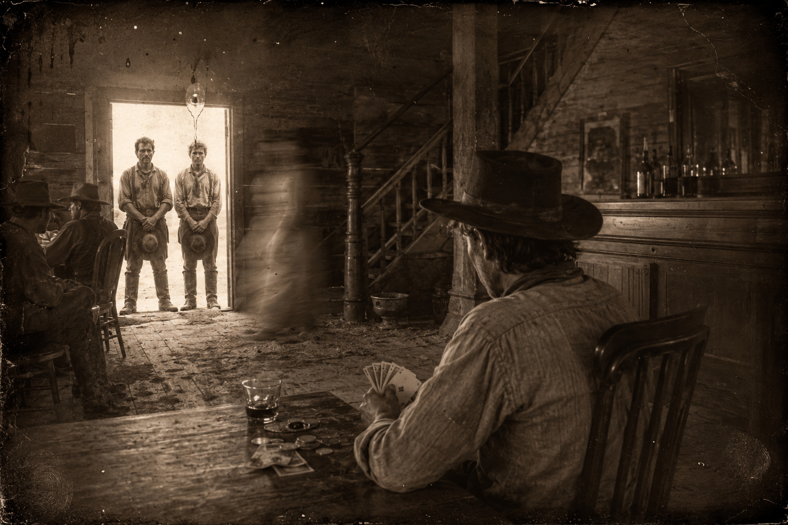 The Hat Creek outfit passes through and two of the hands come in to say hello; Jake freezes them out over his cards.