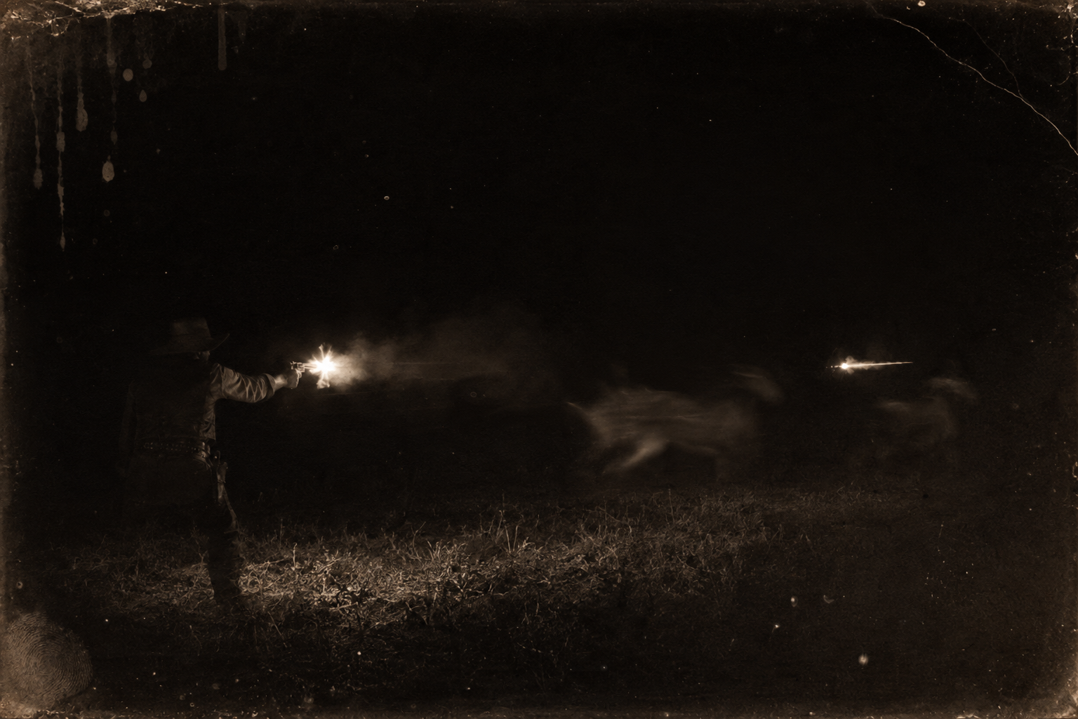 The attack in pitch darkness — Jake fires twice into nothing, sees running figures he cannot name, and hears a horse going away.