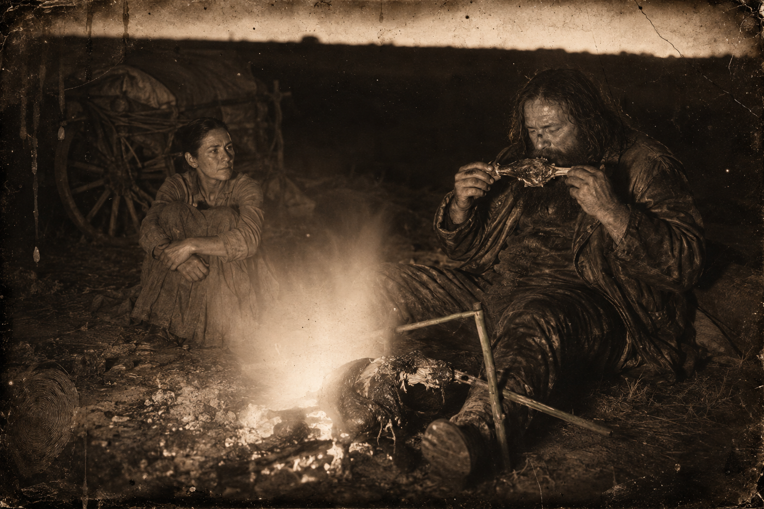 Zwey gnaws the turkey drumstick by the fire, pondering what Elmira has just told him about Luke, and cracks the bone for the marrow.