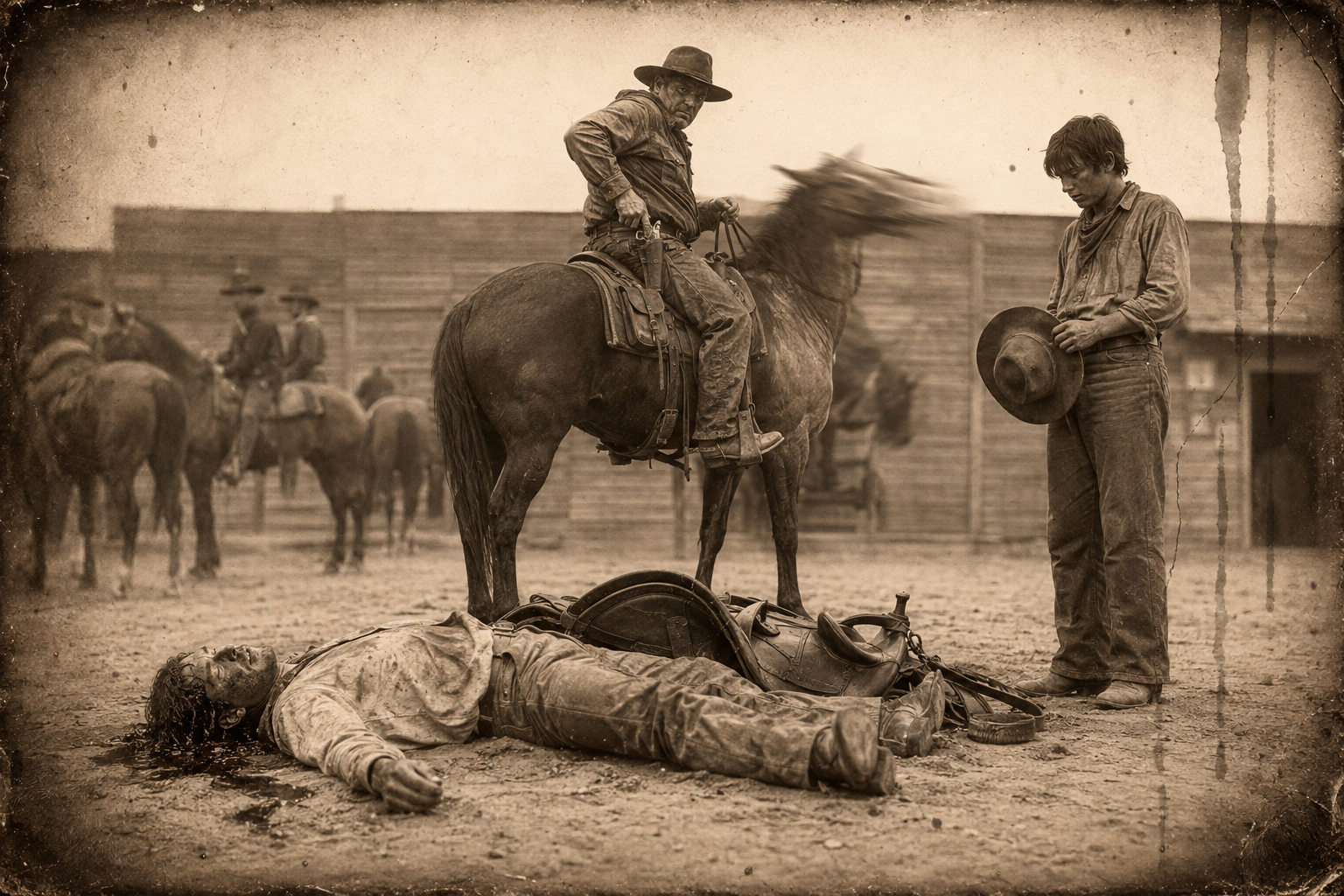 Dish lies knocked cold with blood in his hair while Dixon holsters the pistol, dumps the saddle in the dirt and takes the mare; Newt stands holding Dish's fallen hat.