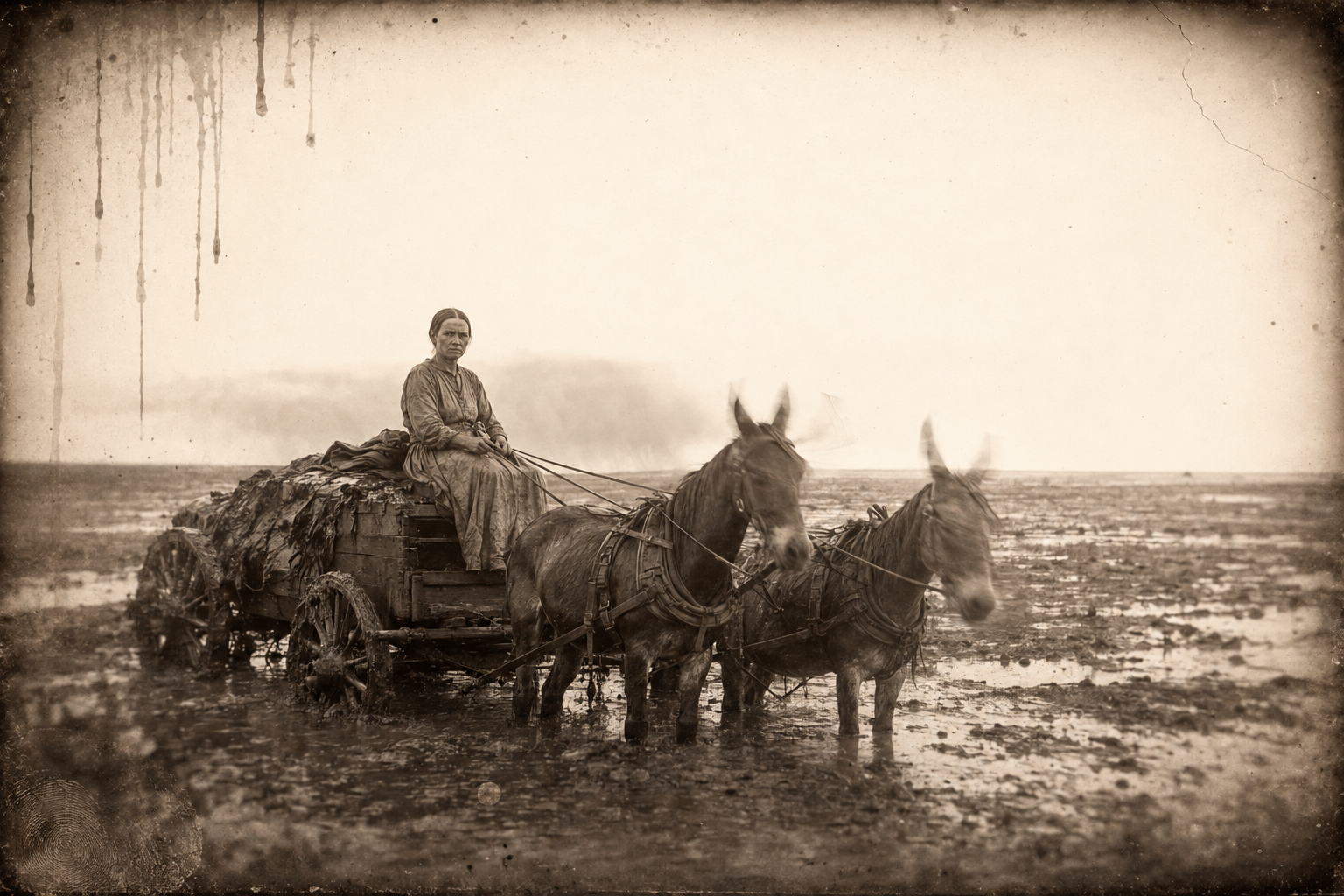 The hide wagon bogged again on the soaked Kansas plain, Elmira on the seat in wet clothes wondering whether any of it was worth it.