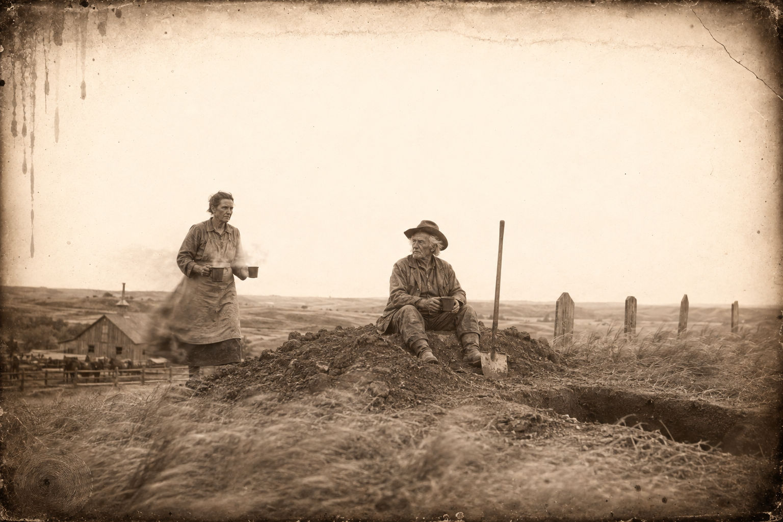 At dawn Clara carries two cups of coffee up to the ridge, where Cholo has finished digging and sits on the mound of earth beside the graves of her three boys.