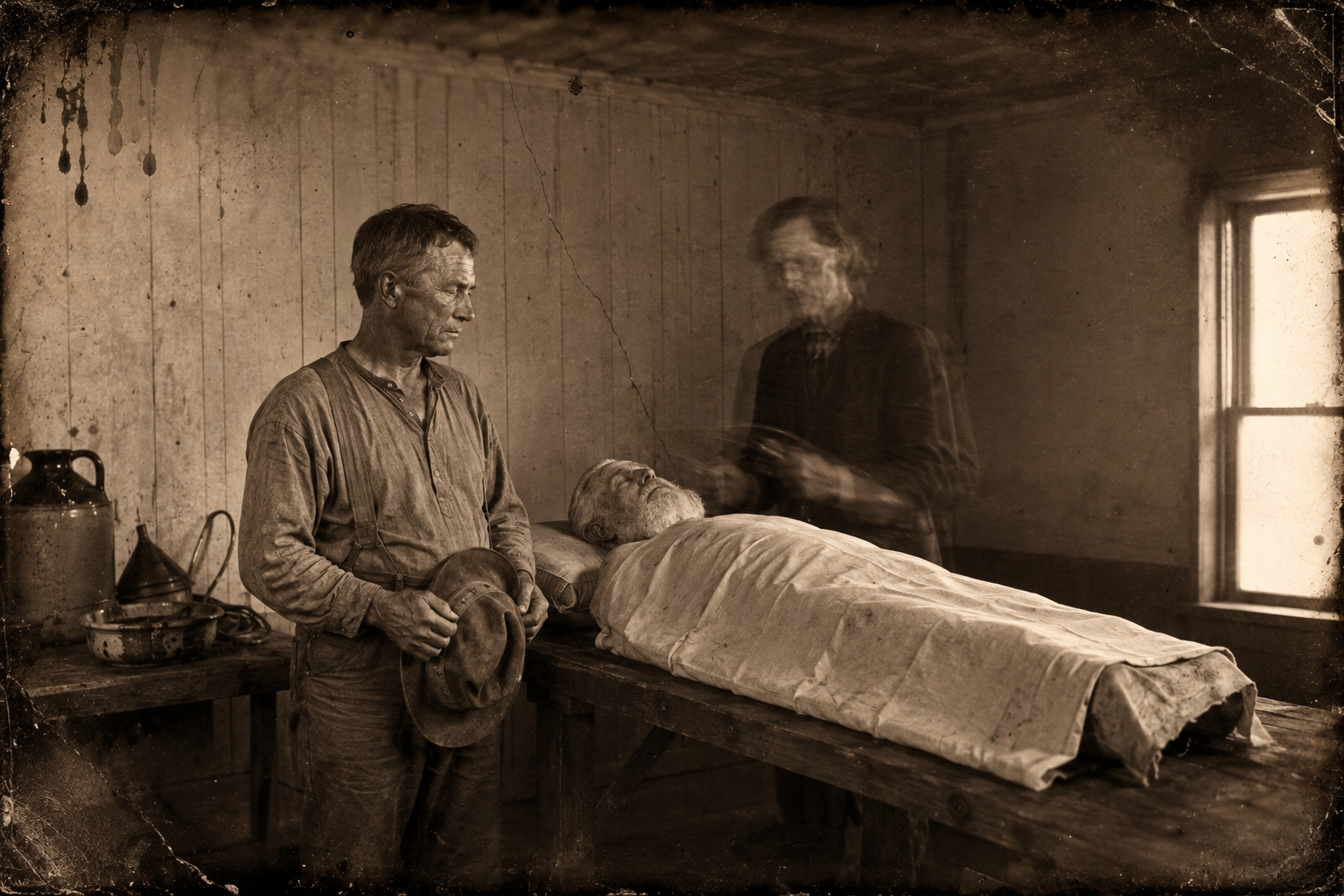 The undertaker, whose whole body trembles with a nervous disease, tells Call he has put extra fluid in his friend since he will be aboveground a while.